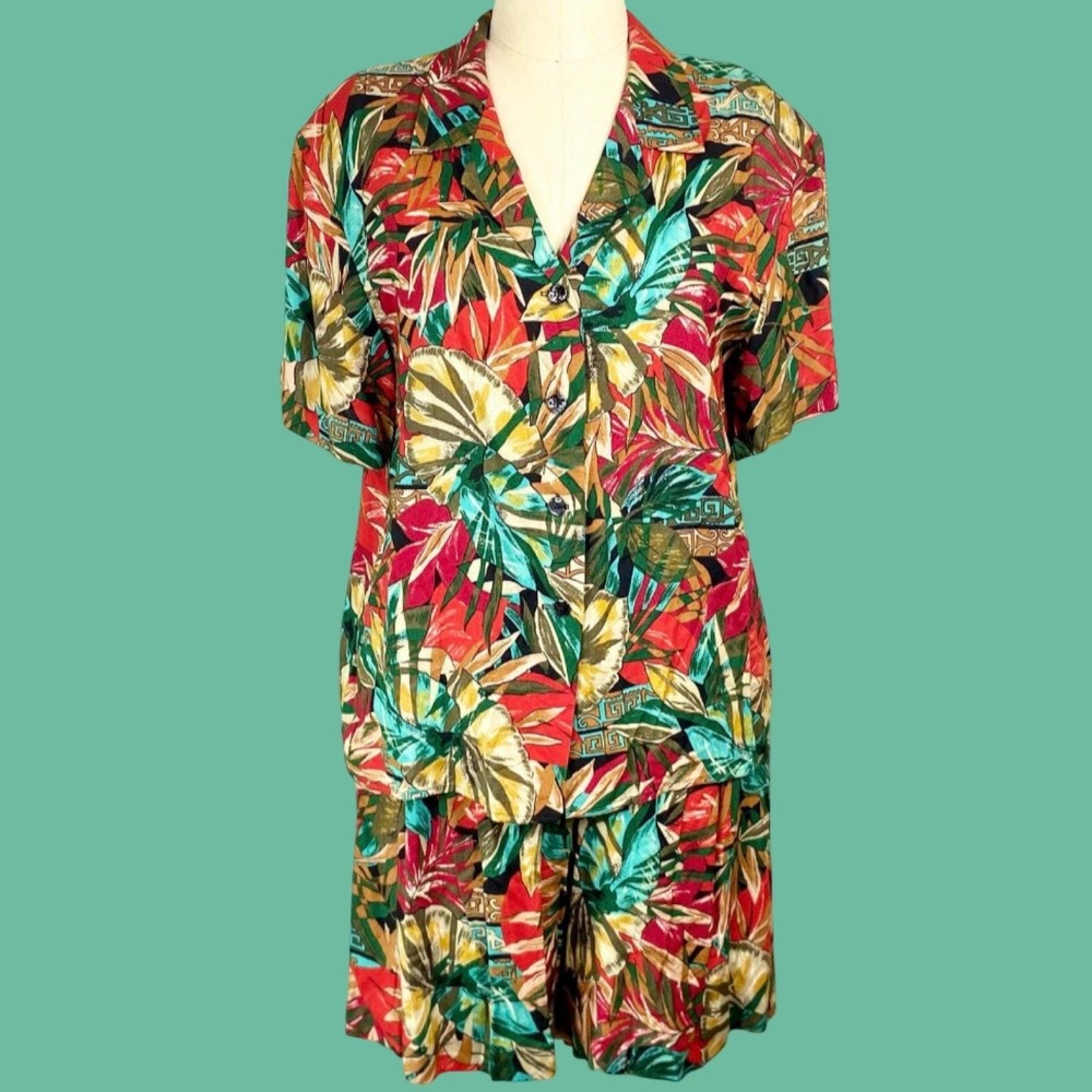 Vintage 80s Block Island Rayon Hawaiian Shirt and Shorts Set Petite Large Red
